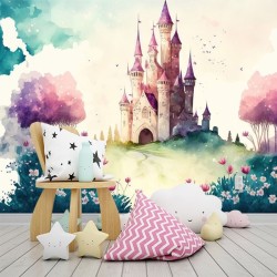 Fotomural o papel pintado dibujo acuarela castillo cuento princesa píncipe