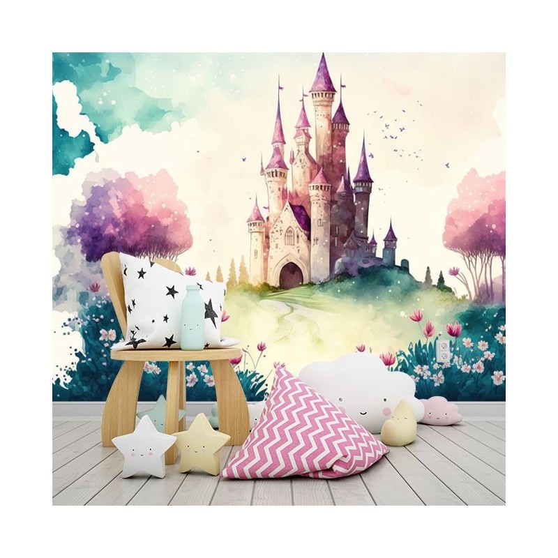 Fotomural o papel pintado dibujo acuarela castillo cuento princesa píncipe