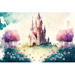 Fotomural o papel pintado dibujo acuarela castillo cuento princesa píncipe